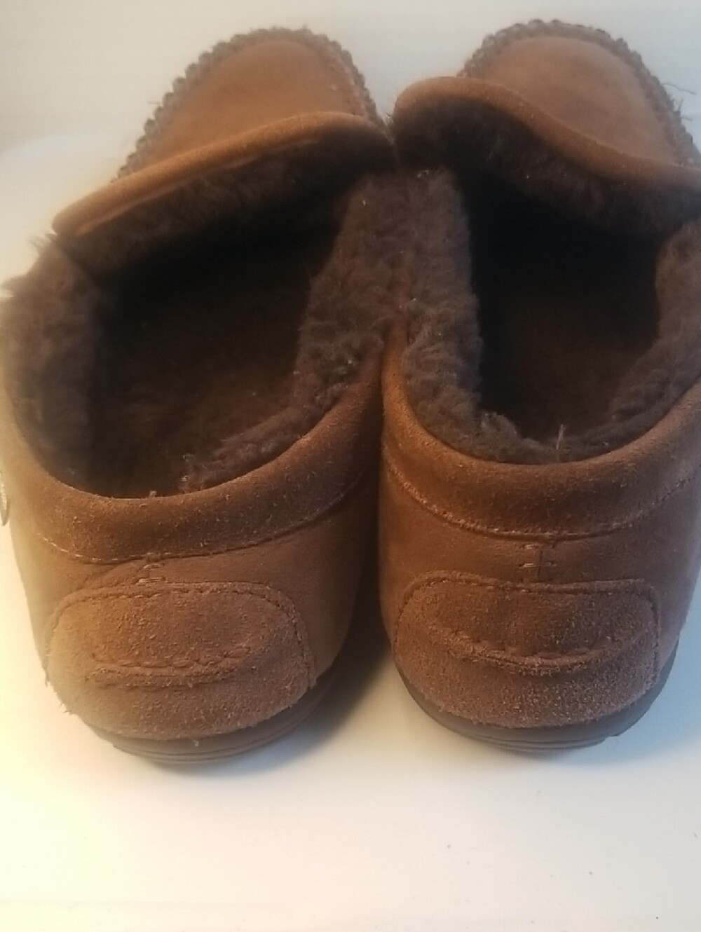 L.L. Bean Men's Brown Suede Moccasin Slippers - Dark Brown Lined Slip-Ons - Picture 3 of 10